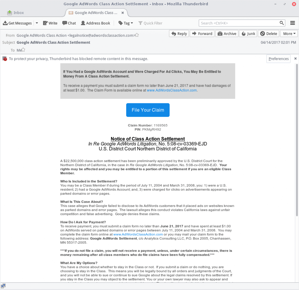 Notice of Class Action Settlement email